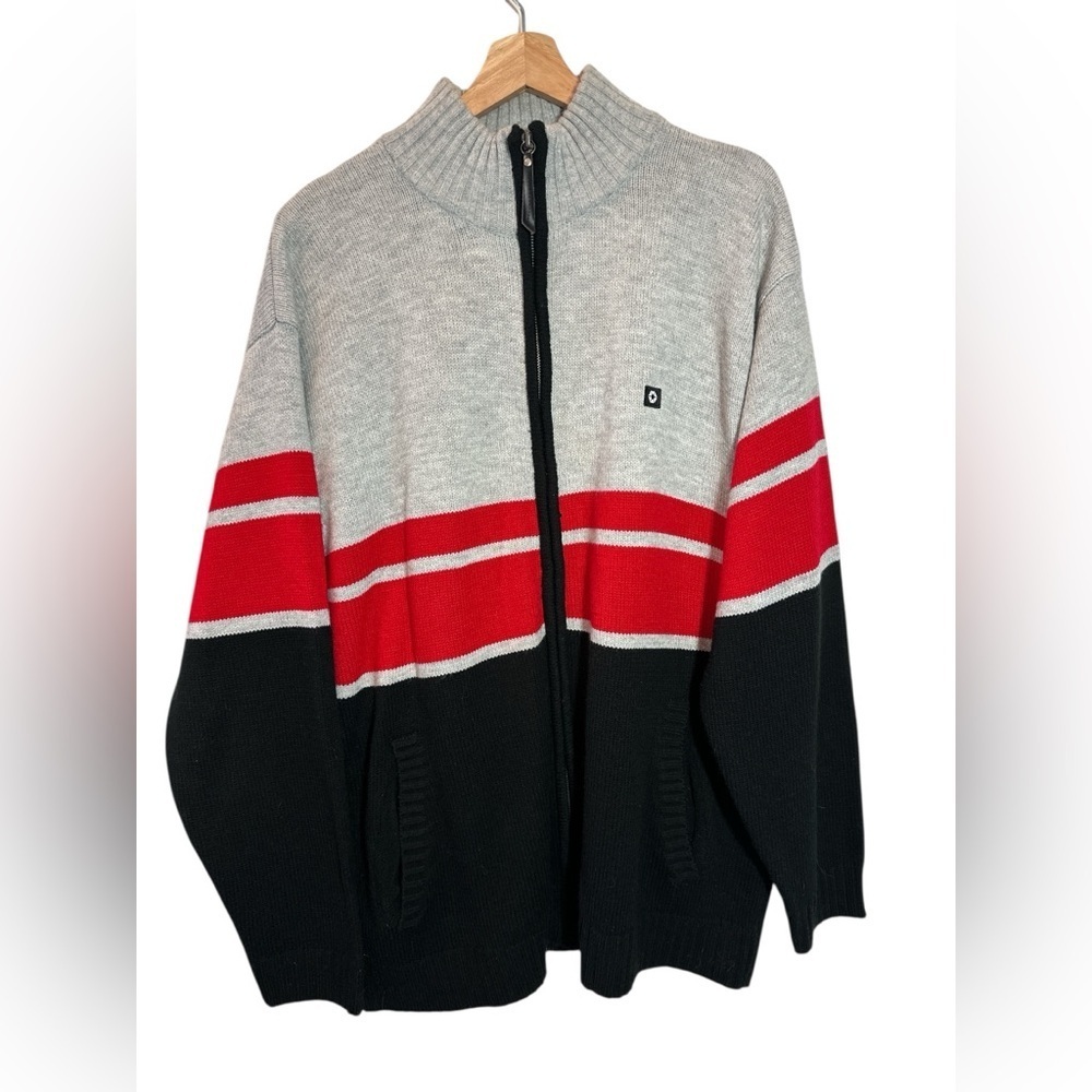 Y2K SouthPole Mens Cardigan XLarge Black Gray Red Striped Full Zip